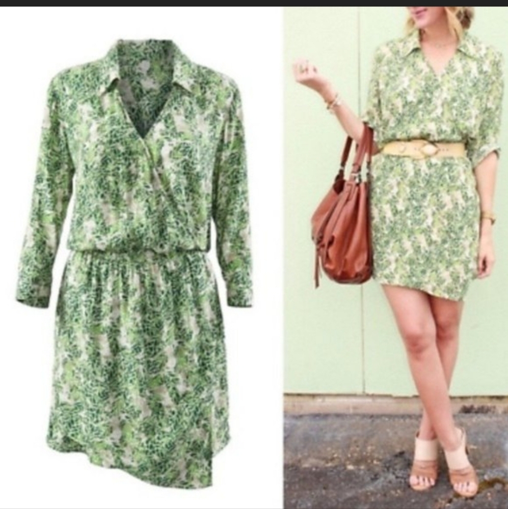 CAbi Green and White 3/4 Sleeve Shirt Dress